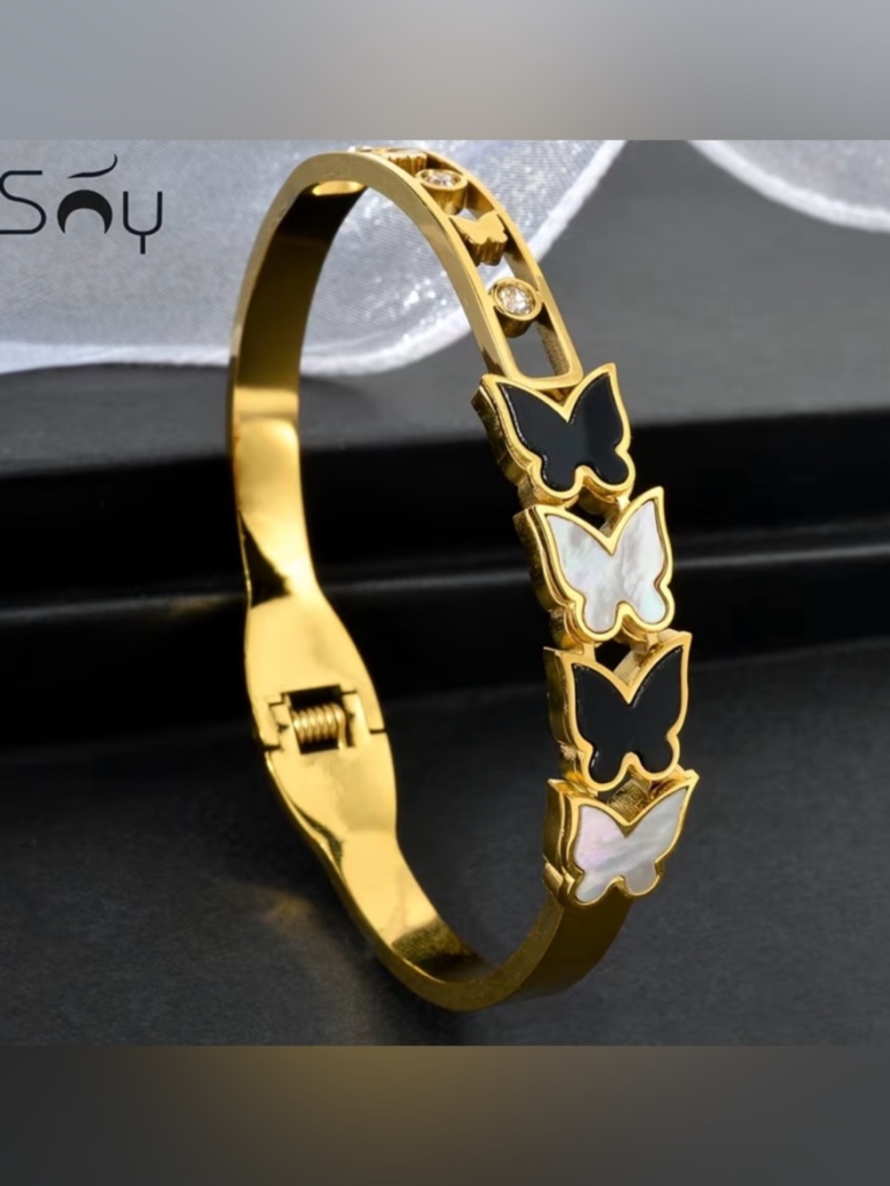 gold-plated stainless steel butterfly bracelet Bangle Black and Mother-of-Pearl